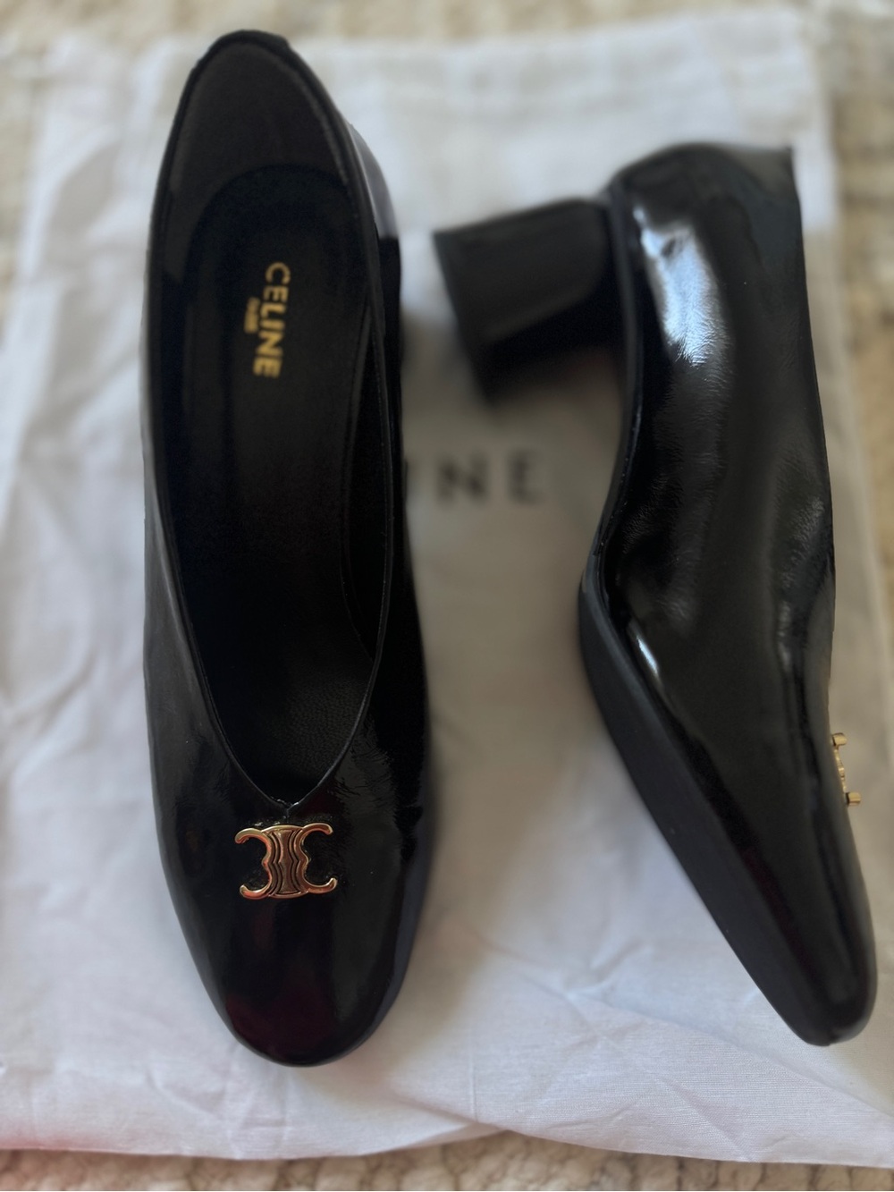 Celine Black Patent Leather Pumps with Gold Double C Logo - Picture 9 of 12
